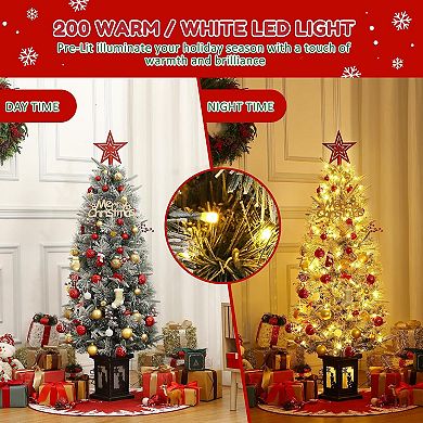 4.5ft Christmas Tree Set with 200 Lights, 8 Modes, Frosted Cedar and Red Fruit Decorations (2 PCS)