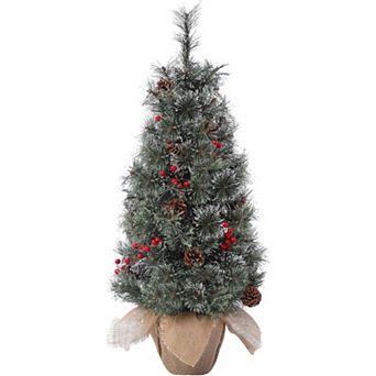 3ft Mini Pre-Lit Christmas Tree, Artificial Tabletop Snow Flocked Christmas Trees with Burlap Base