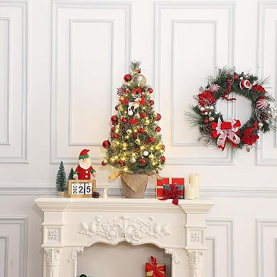 3ft Mini Pre-Lit Christmas Tree, Artificial Tabletop Snow Flocked Christmas Trees with Burlap Base