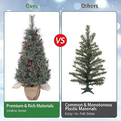 2ft Pre-Lit Snow Flocked Christmas Tree - Tabletop Artificial Tree With LED Lights, Berries & Pinecones