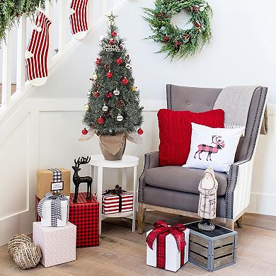 3ft Mini Pre-Lit Christmas Tree, Artificial Tabletop Snow Flocked Christmas Trees with Burlap Base