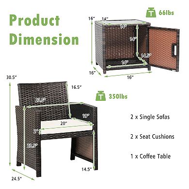 3 Pieces Patio Wicker Furniture Set With Storage Table And Protective Cover
