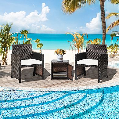 3 Pieces Patio Wicker Furniture Set With Storage Table And Protective Cover