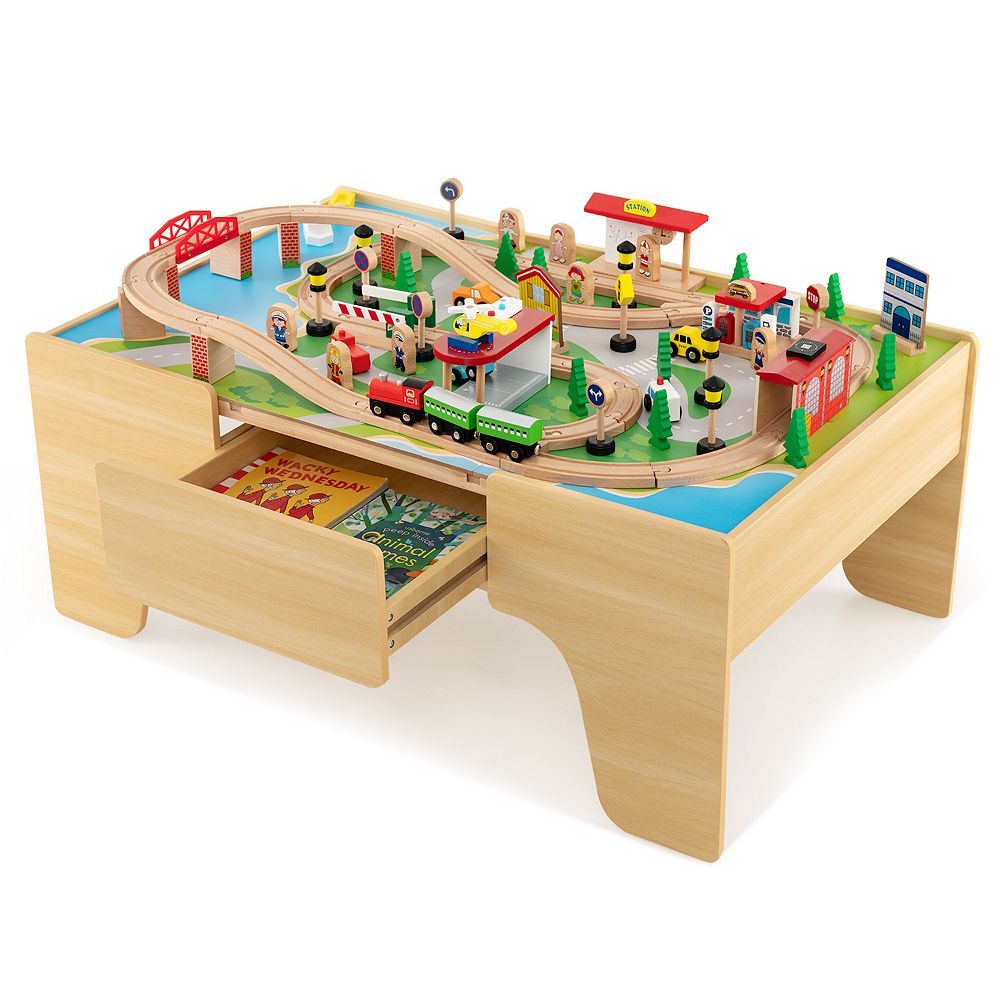 Wooden Train Set Table with 84 Pieces and Reversible Tabletop