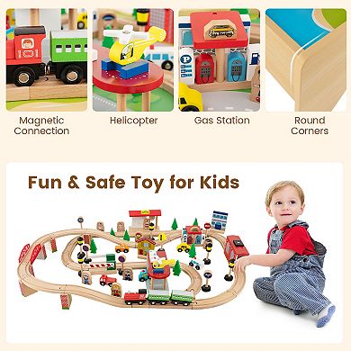 Wooden Train Set Table with 84 Pieces and Reversible Tabletop