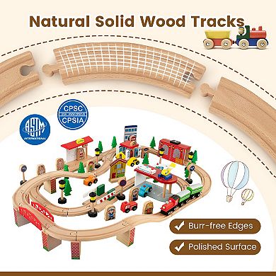 Wooden Train Set Table with 84 Pieces and Reversible Tabletop