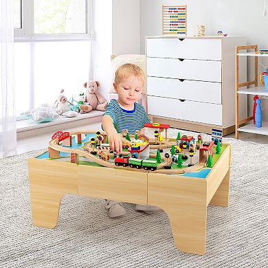 Wooden Train Set Table with 84 Pieces and Reversible Tabletop