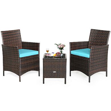 3 Pieces Patio Cushioned Rattan Converstaion Set With Glass Table Top