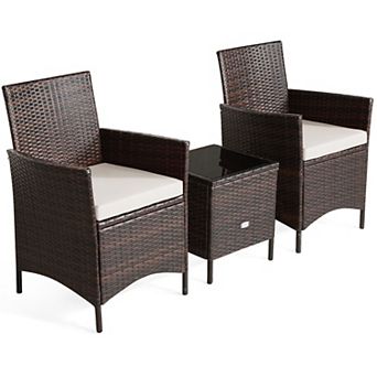 3 pc Patio Cushioned Rattan Converstaion Set With Glass Table Top