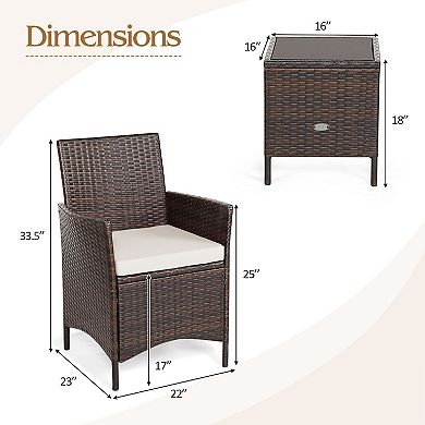 3 Pieces Patio Cushioned Rattan Converstaion Set With Glass Table Top