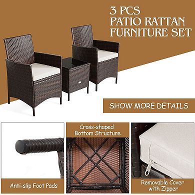 3 Pieces Patio Cushioned Rattan Converstaion Set With Glass Table Top
