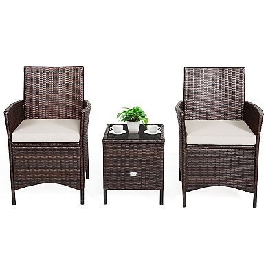 3 Pieces Patio Cushioned Rattan Converstaion Set With Glass Table Top