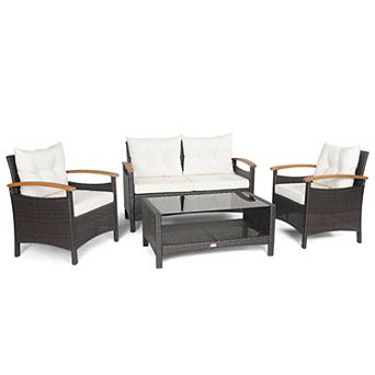 4 pc Patio Rattan Furniture Set With Cushioned Sofa And Storage Table