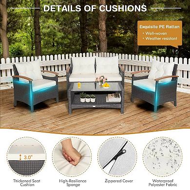 4 Pieces Patio Rattan Furniture Set With Cushioned Sofa And Storage Table