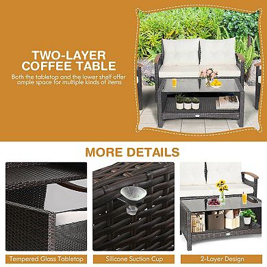 4 Pieces Patio Rattan Furniture Set With Cushioned Sofa And Storage Table