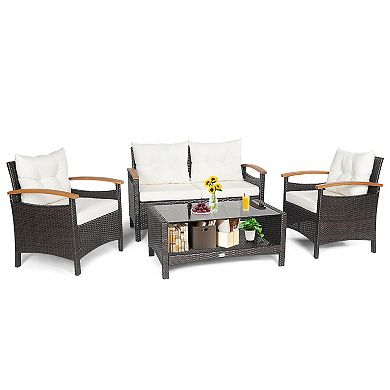 4 Pieces Patio Rattan Furniture Set With Cushioned Sofa And Storage Table