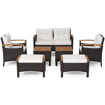 7 pc Rattan Patio Sofa Set With Acacia Wood Tabletop And Armrests