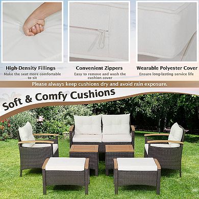 7 Piece Rattan Patio Sofa Set With Acacia Wood Tabletop And Armrests