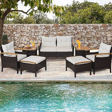 7 Piece Rattan Patio Sofa Set With Acacia Wood Tabletop And Armrests