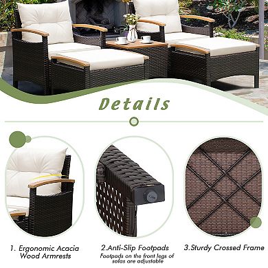 7 Piece Rattan Patio Sofa Set With Acacia Wood Tabletop And Armrests