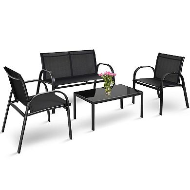 4 Pieces Patio Furniture Set With Glass Top Coffee Table
