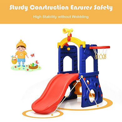 6-in-1 Freestanding Kids Slide With Basketball Hoop And Ring Toss