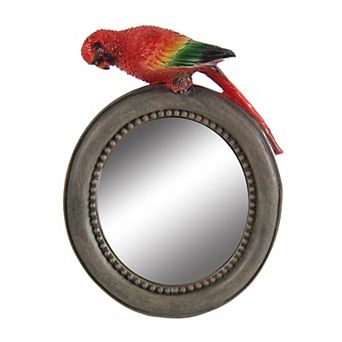 Round Wooden Framed Mirror With Parrot Sculpture Top, Multicolor