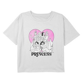 Disney Princess Tiana, Ariel, Pocahontas, Belle, Cinderella, Aurora, Snow White & Jasmine Heart Portrait 7-16 Cropped Graphic Tee