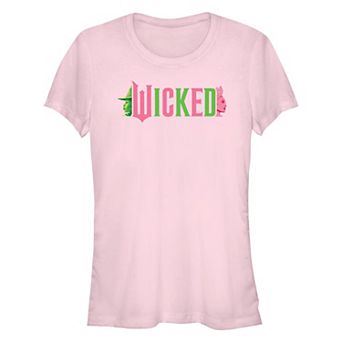 Juniors' Wicked Elphaba And Glinda Profile Title Logo Fitted Graphic Tee