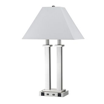 60W x 2 Desk Lamp with Trapezoid Shade and Power, Silver and White