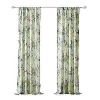 Eden 84 Inch WIndow Curtains, Butterflies and Songbirds, Green Microfiber