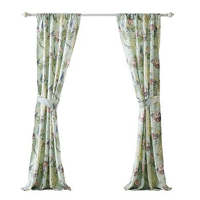 Eden 84 Inch WIndow Curtains, Butterflies and Songbirds, Green Microfiber