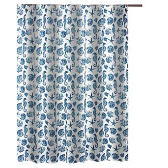 Riga 72 Inch Shower Curtain, Blue Seashells Print, Button Holes, Microfiber