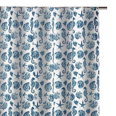 Riga 72 Inch Shower Curtain, Blue Seashells Print, Button Holes, Microfiber