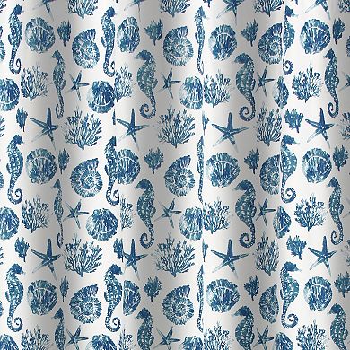 Riga 72 Inch Shower Curtain, Blue Seashells Print, Button Holes, Microfiber