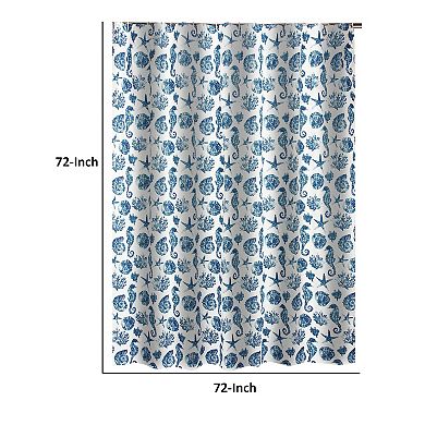 Riga 72 Inch Shower Curtain, Blue Seashells Print, Button Holes, Microfiber