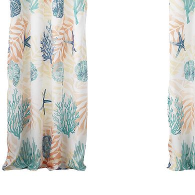 Geo 84 Inch Window Curtains, White Blue Polyester, Seashells Ferns Print