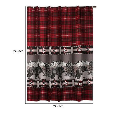 Sofia 72 Inch Bear Shower Curtain, Red and Black Plaid, Poly Microfiber