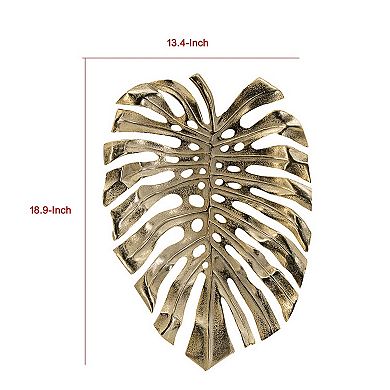Linzo 19 Inch Aluminum Wall Hanging Bowl, Monstera Leaf, Bright Gold Finish
