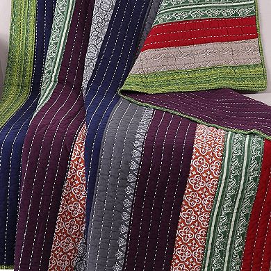 60 Inch Cotton Throw Blanket, Multi Color Stripes, Kantha Hand Quilting
