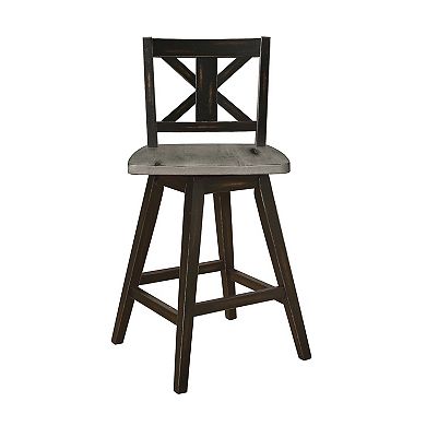 Farmhouse Swivel Counter Height Chair with X Shaped Back, Set of 2, Antique Gray, Black