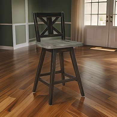 Farmhouse Swivel Counter Height Chair with X Shaped Back, Set of 2, Antique Gray, Black