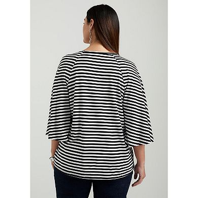 June + Vie Women's Plus Size Flared Raglan Sleeve Breton Tee