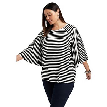 June + Vie Women's Plus Size Flared Raglan Sleeve Breton Tee