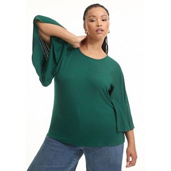June + Vie Women's Plus Size Flared Raglan Sleeve Breton Tee