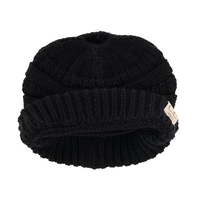 C.C Girl's One Size Fits Most Pony Tail Solid Cable Knit Winter Beanie