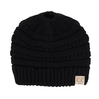 C.C Girl's One Size Fits Most Pony Tail Solid Cable Knit Winter Beanie