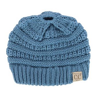 C.C Girl's One Size Fits Most Pony Tail Solid Cable Knit Winter Beanie