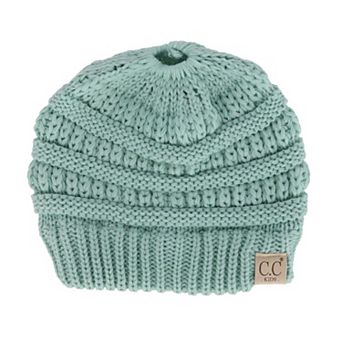 C.C Girl's One Size Fits Most Pony Tail Solid Cable Knit Winter Beanie