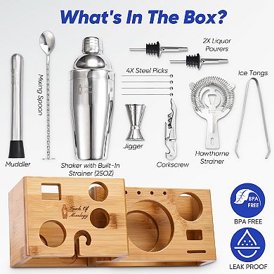 Touch Of Mixology Premium 14-Piece Stainless Steel Bartender Kit With Bamboo Stand